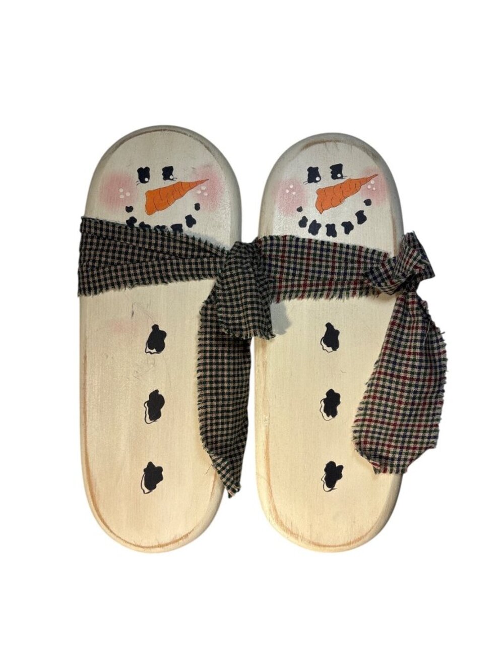 2 Wooden Snowman Wall Art Hand Painted Faces Checkered Scarves Rustic Winter 12"